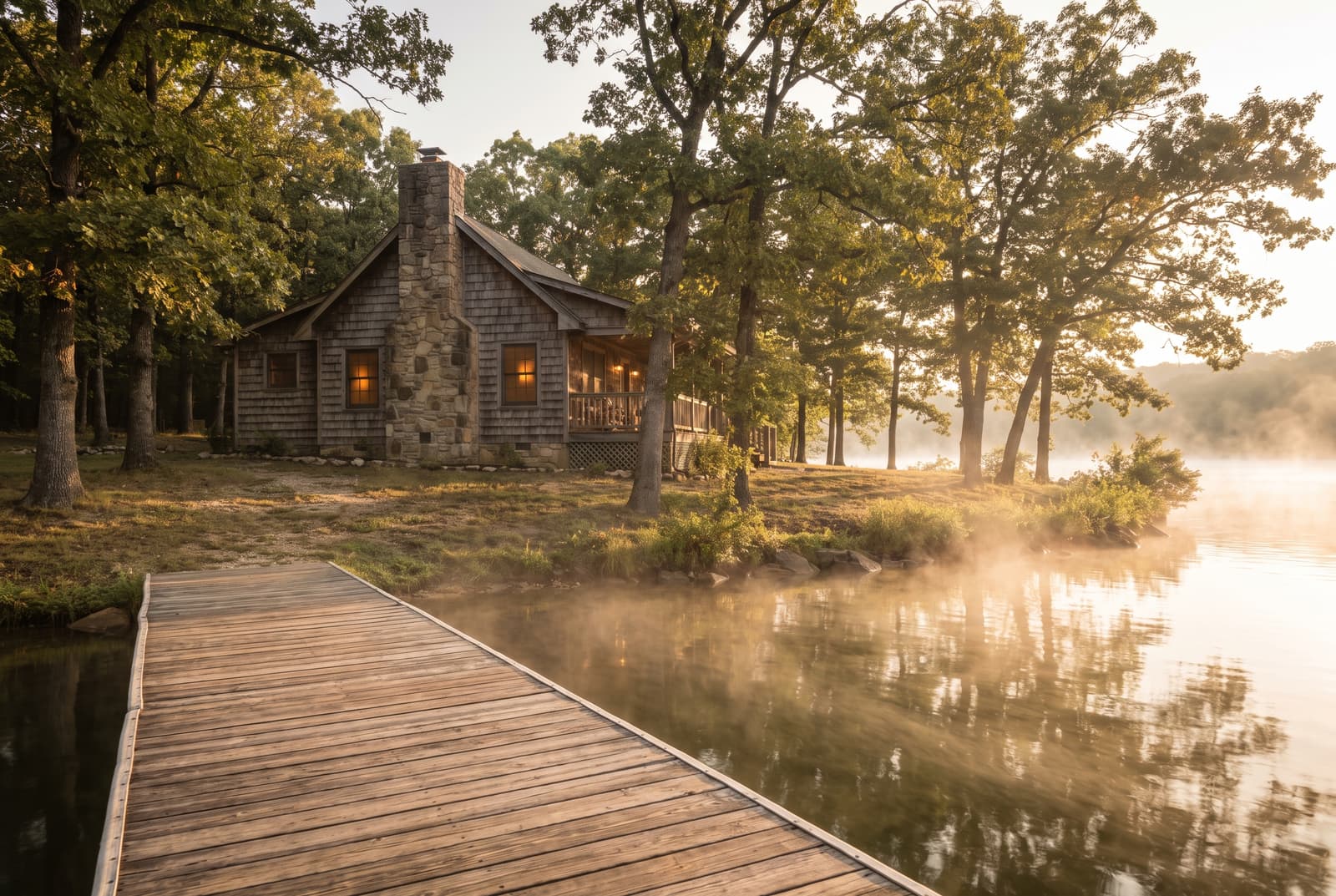 Timber vacation cabin on a wooded Ozarks lakeshore at golden hour