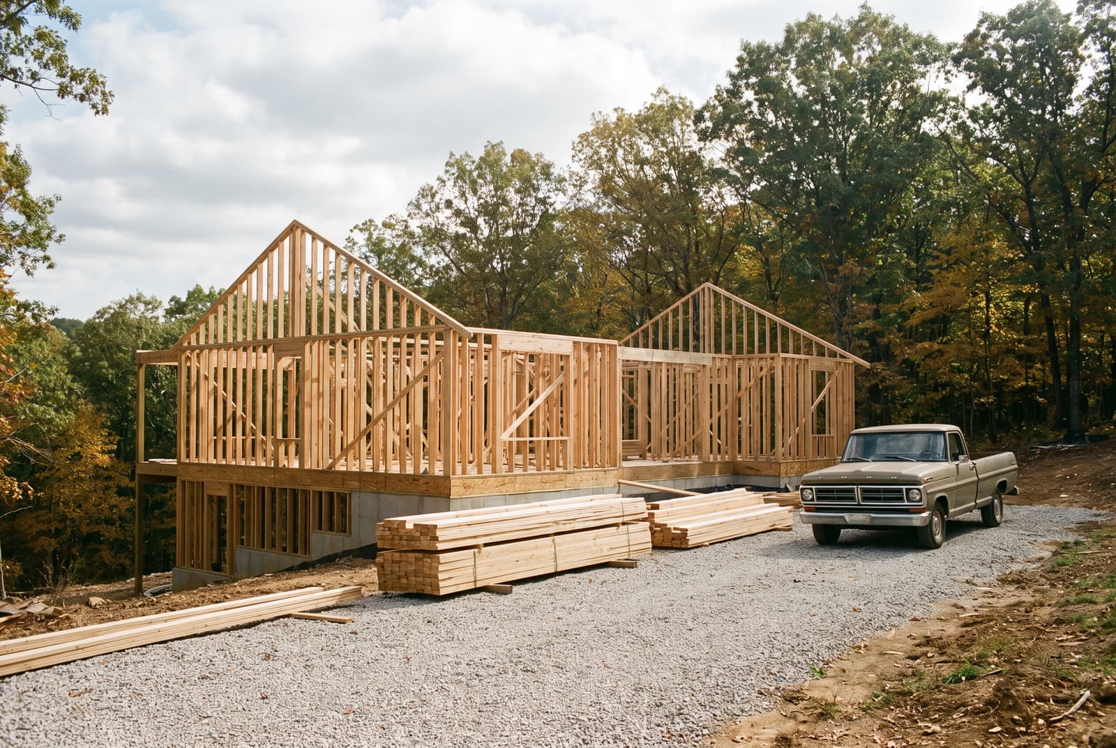 New house framed in lumber on an Ozark hillside lot
