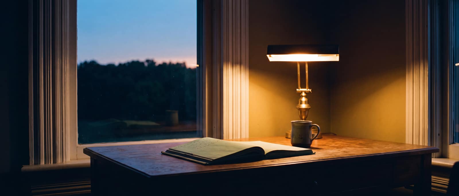A desk lamp lit over an open ledger at dusk