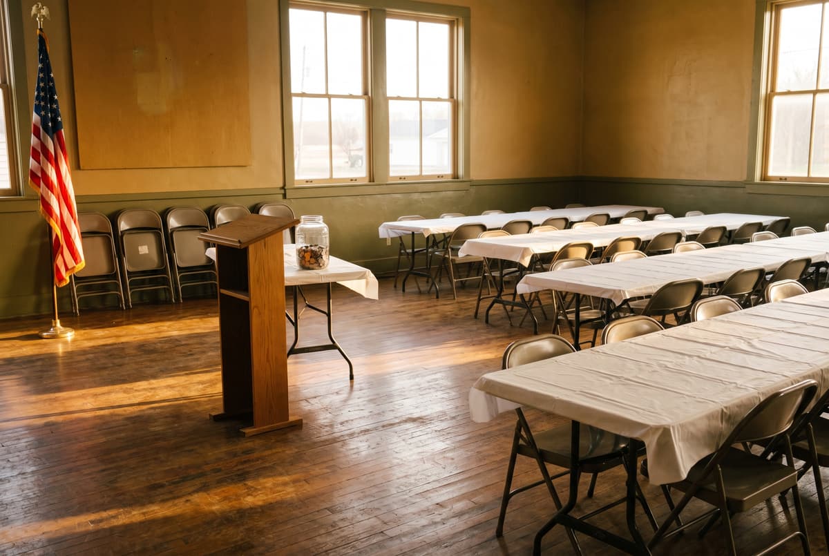 Small-town community hall set up for an evening meeting