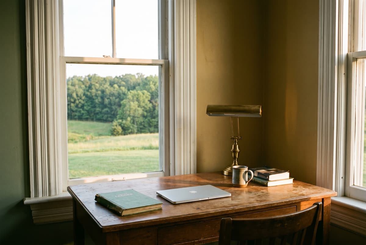 A desk by a farmhouse window with a ledger book, a laptop, and a brass lamp