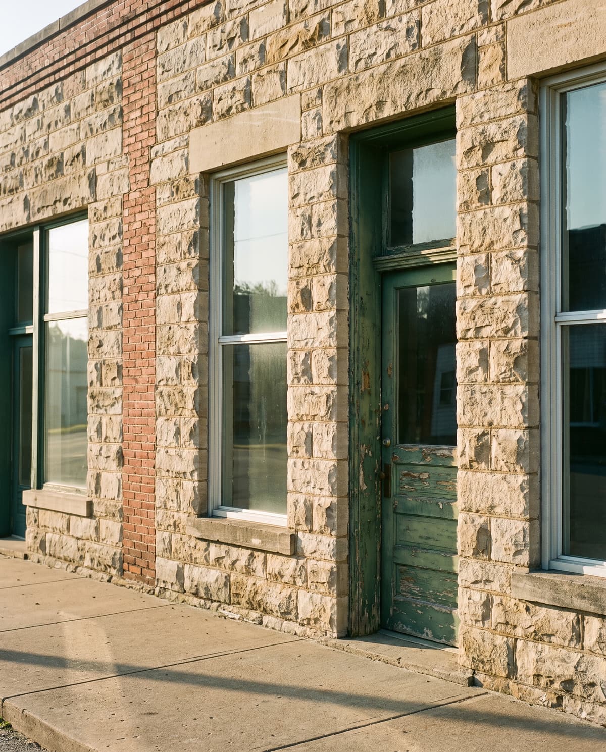 Limestone and brick storefront on a small-town Missouri street
