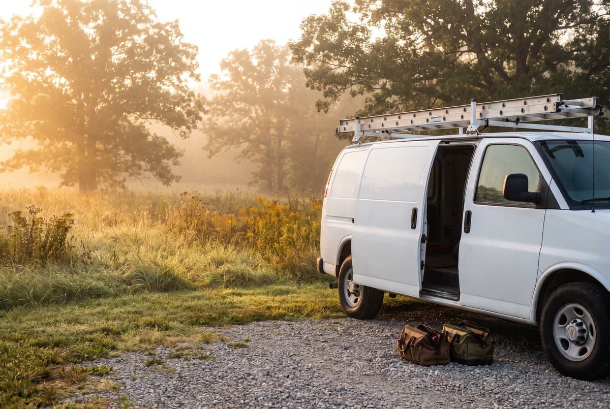 Unmarked white service van at dawn on a gravel drive